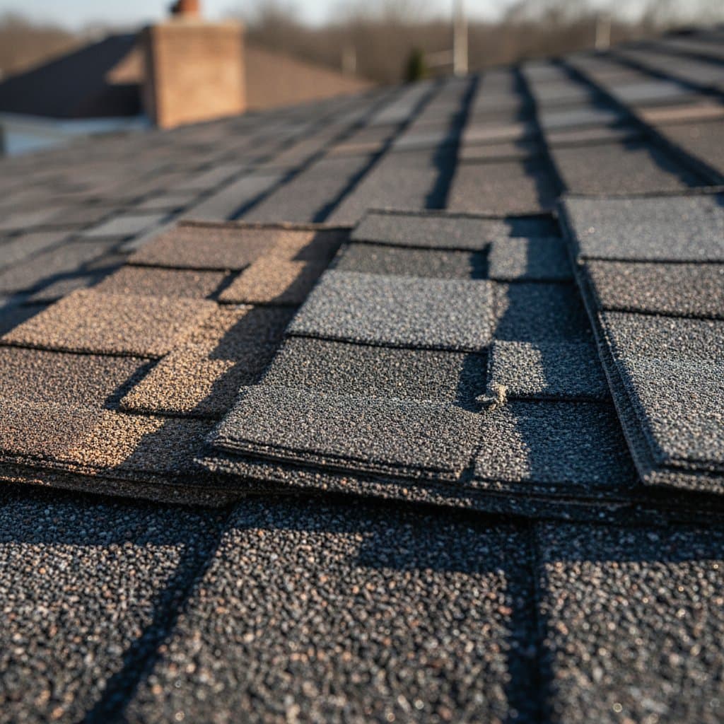 Architectural shingle color swatches on a Dearborn roof
