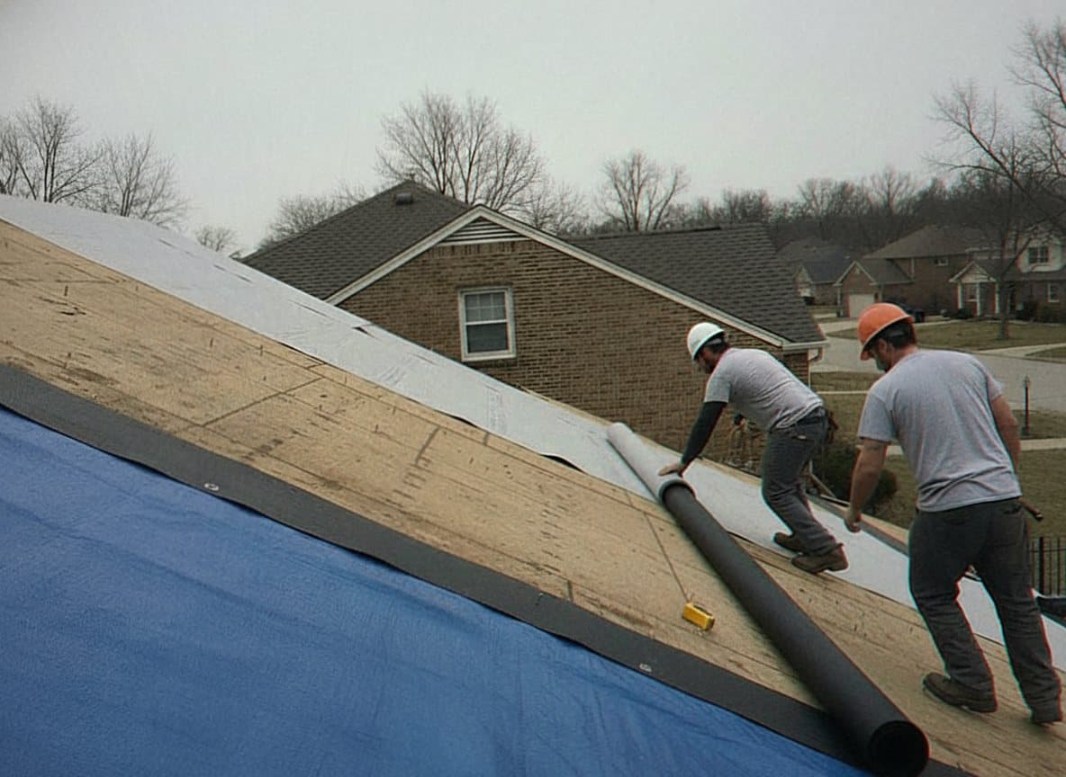 Crew laying ice and water shield on a Dearborn roof