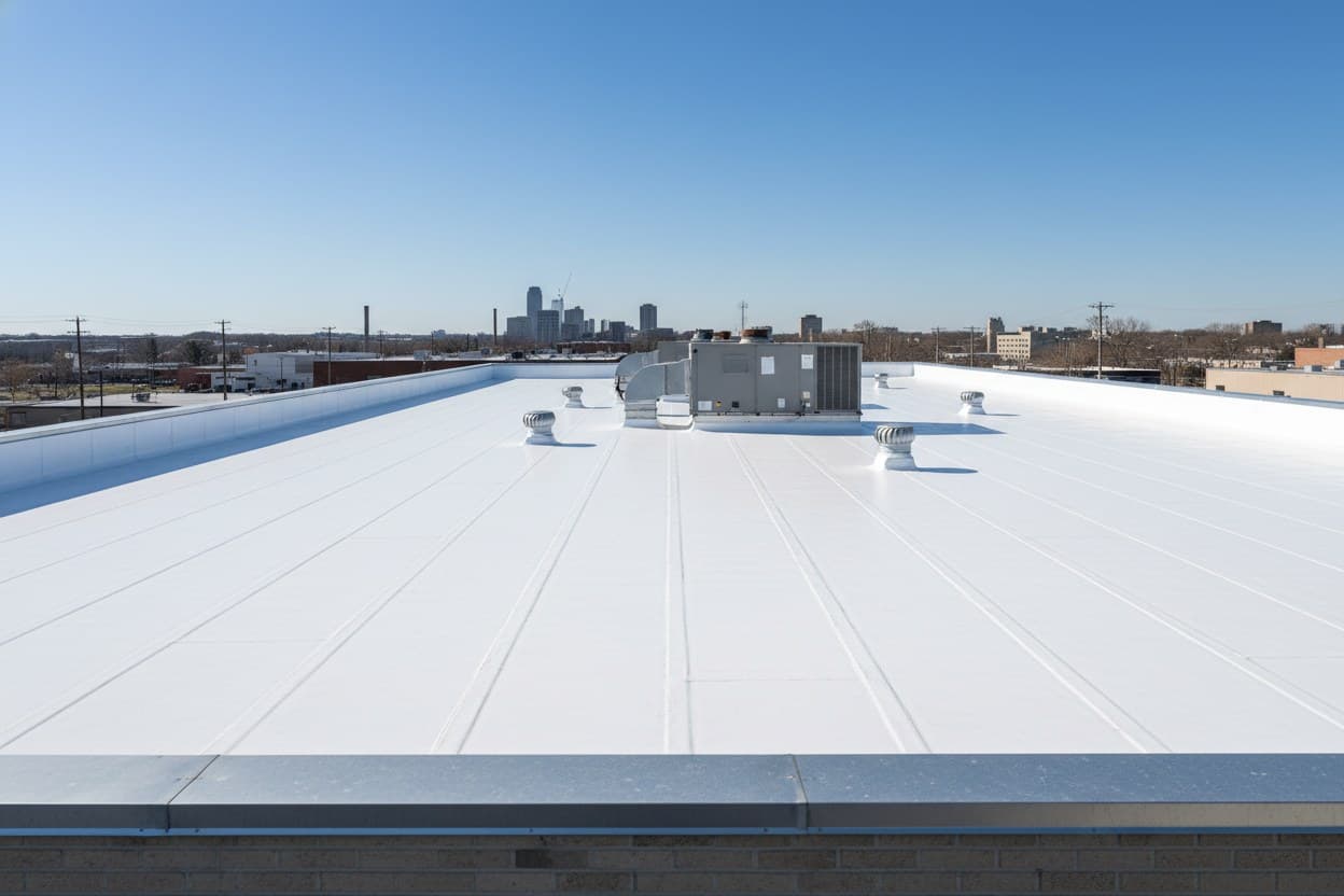 New white TPO roof on a Dearborn storefront
