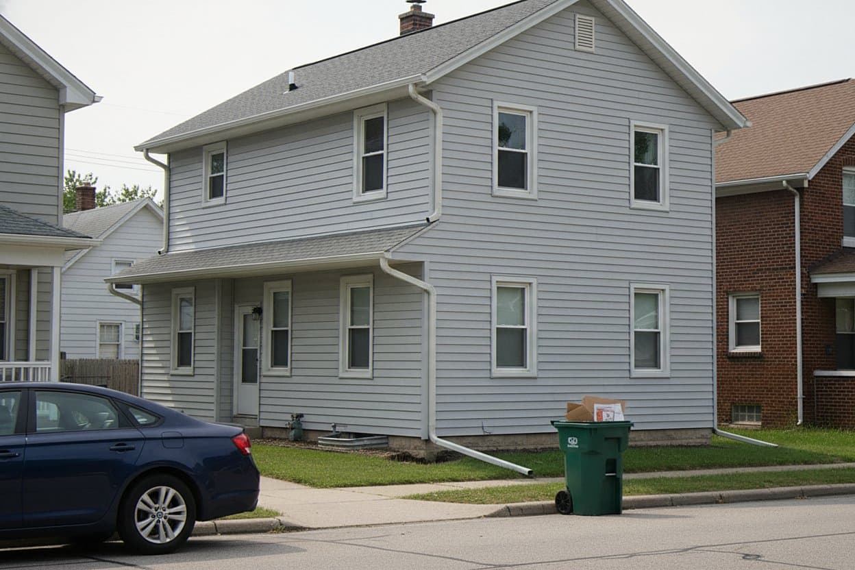 New seamless gutters channeling water on a Dearborn home