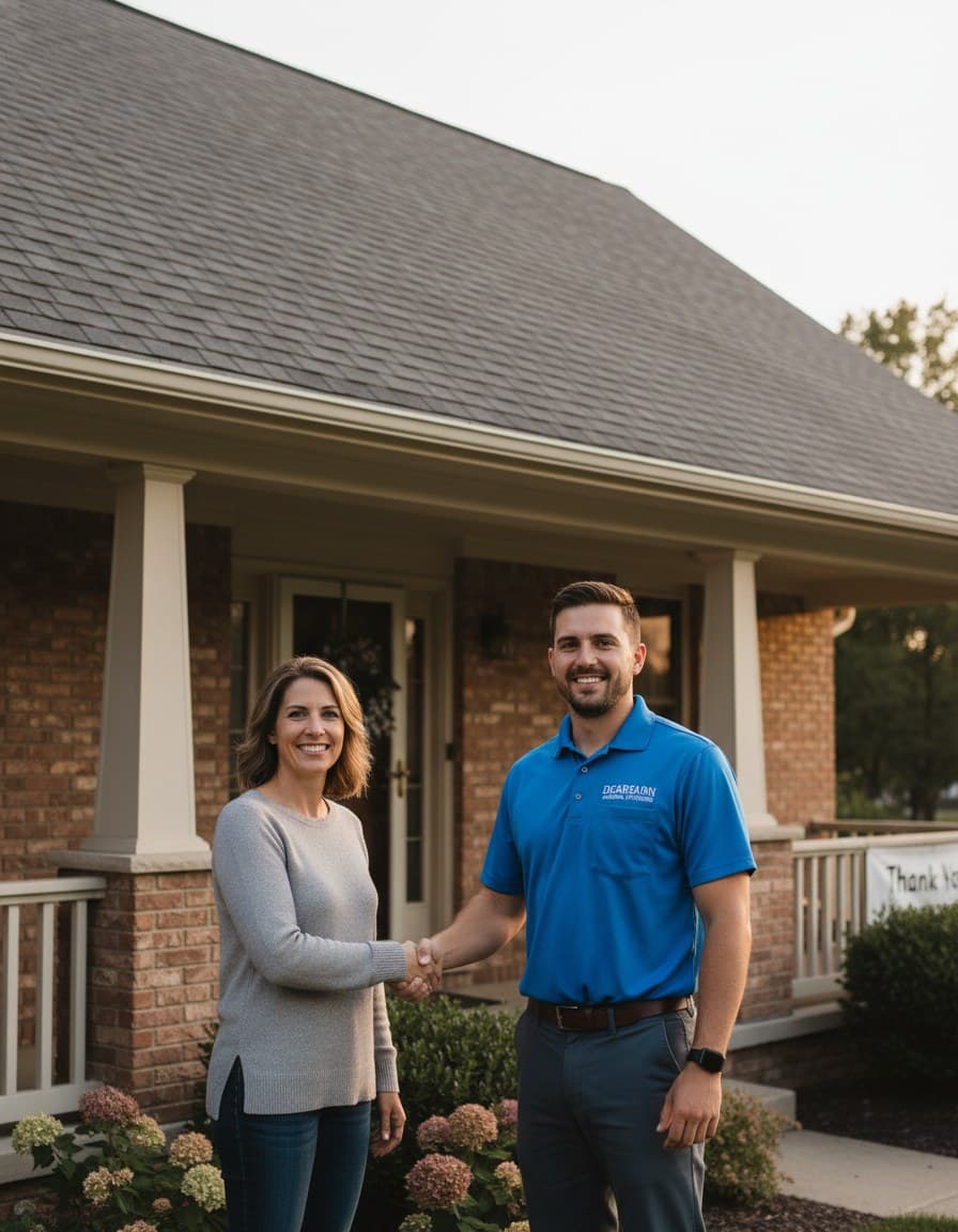 Roofing contractor shaking hands with a homeowner in front of a finished new roof in Dearborn, MI.