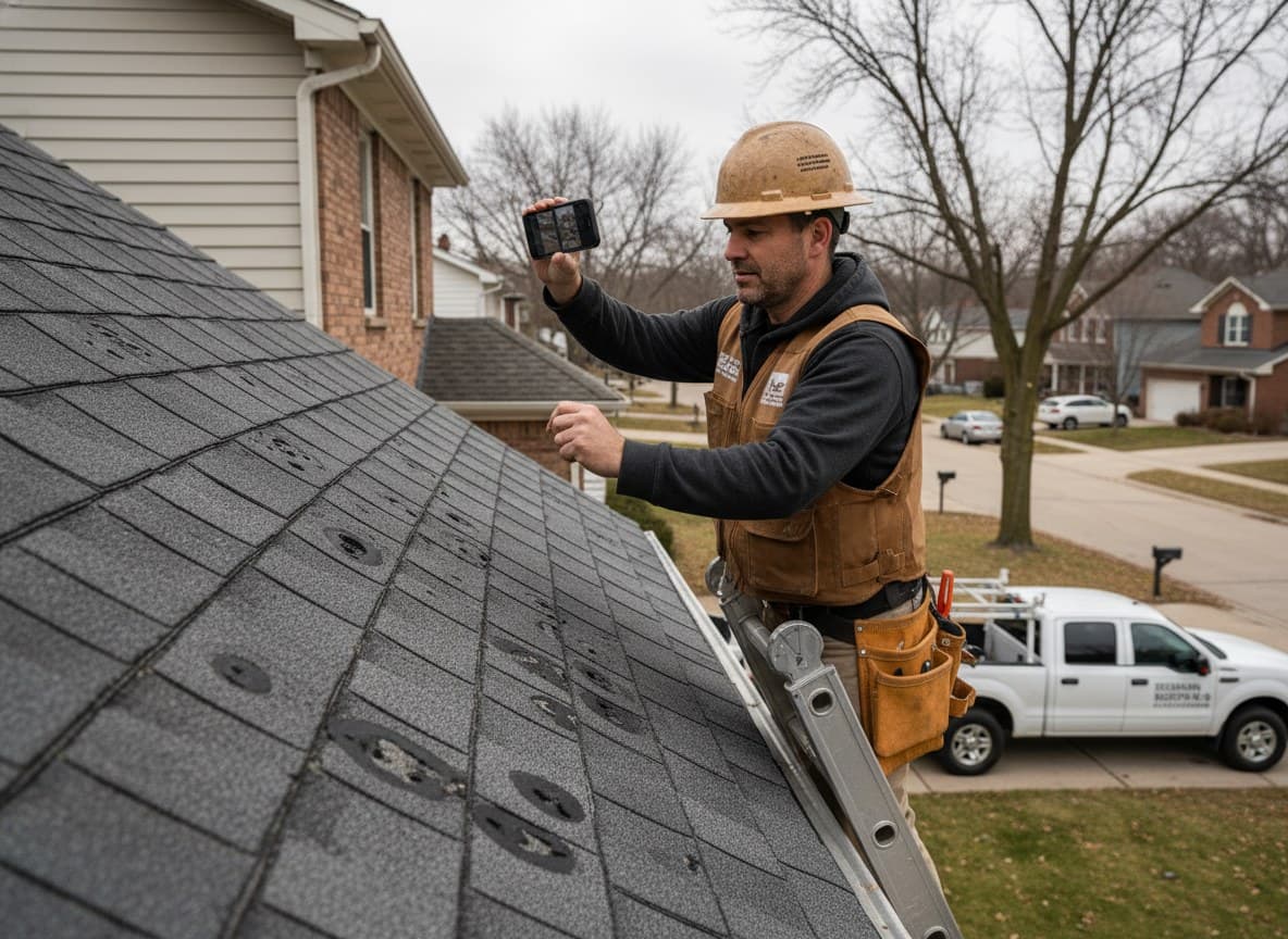 Roofer photographing hail damage for a Dearborn claim