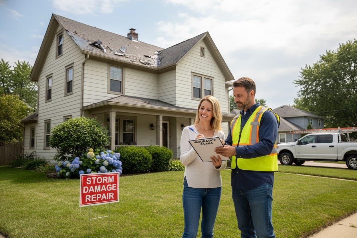 Homeowner and contractor at a storm damaged Dearborn home