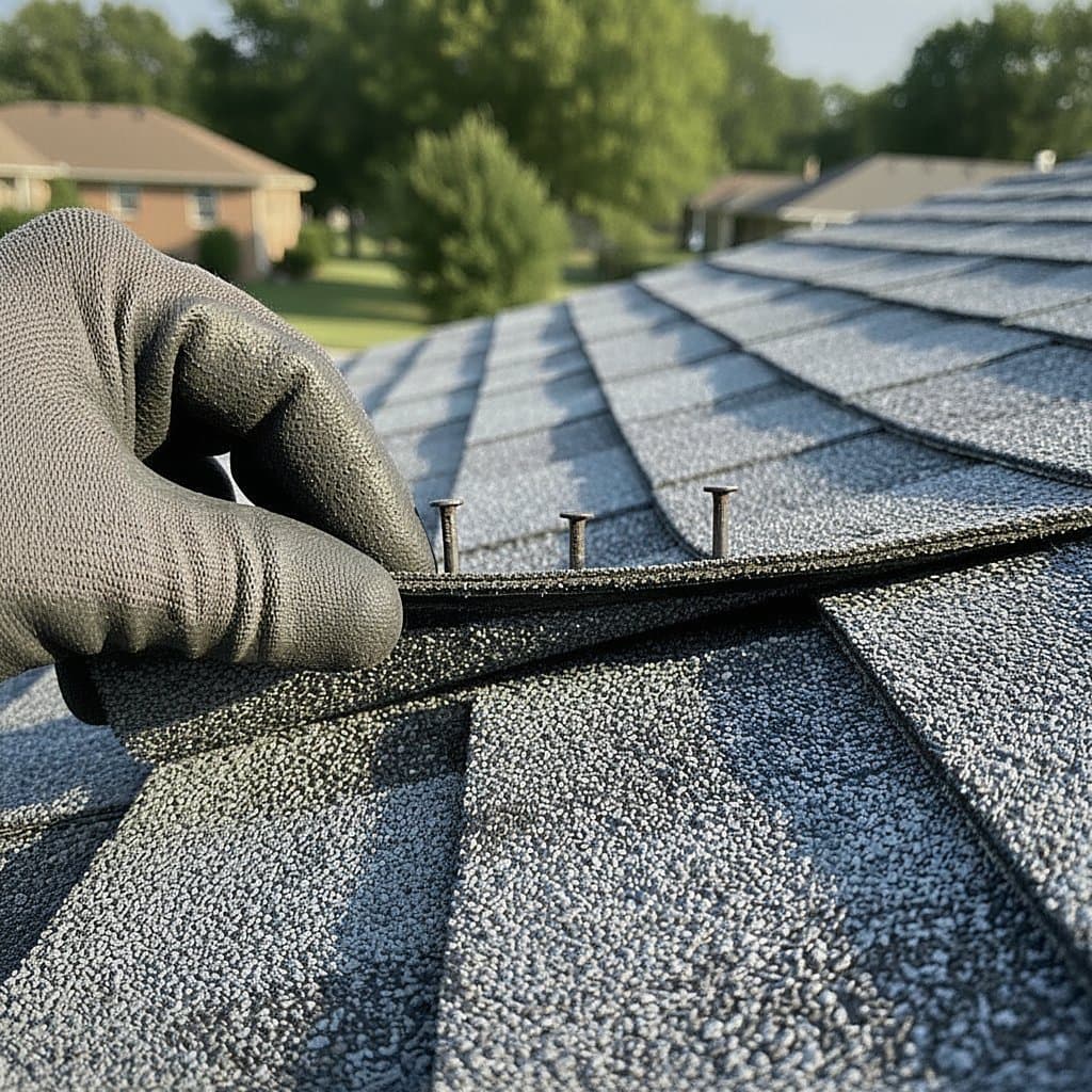 Inspector lifting a shingle tab on a Dearborn roof