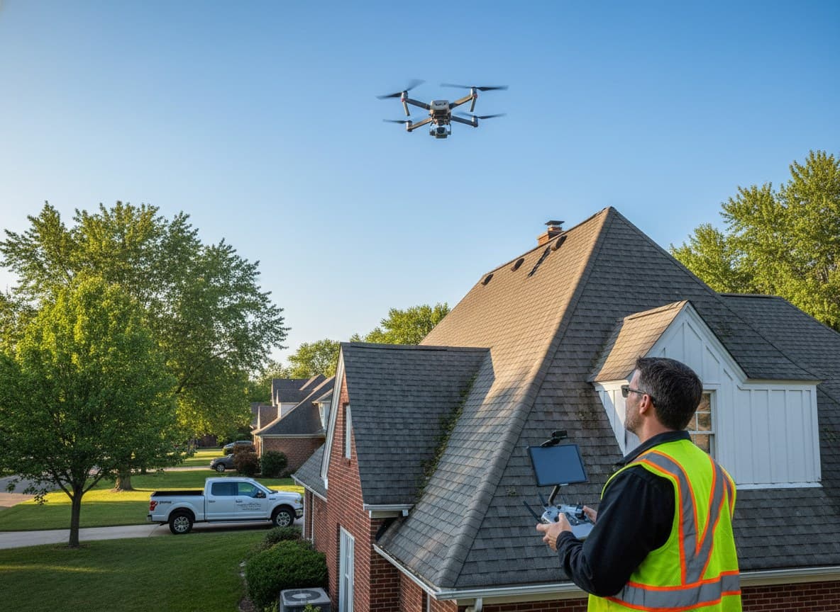 Inspector flying a drone over a Dearborn home roof