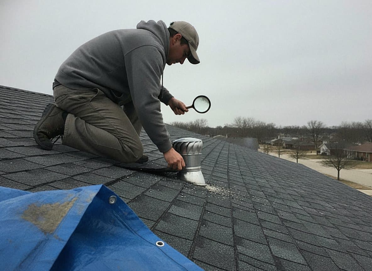 Inspector checking shingle seal on a Dearborn roof