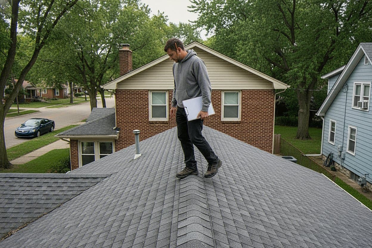 Inspector walking the ridge of a Dearborn home roof