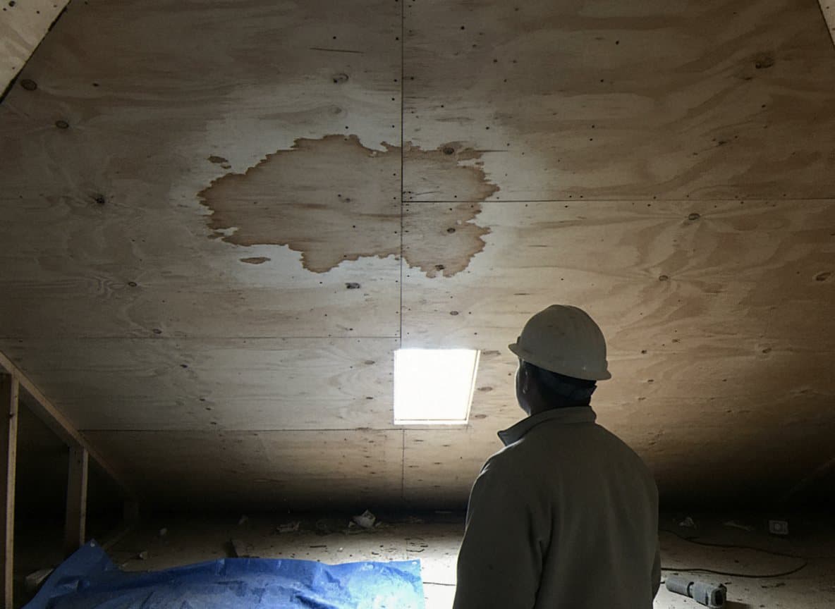 Attic roof leak being diagnosed in a Dearborn home