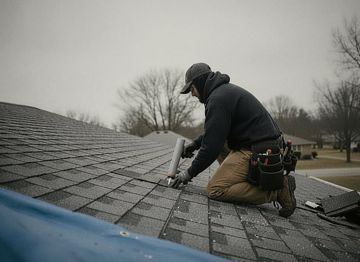 Technician setting a replacement shingle on a Dearborn roof