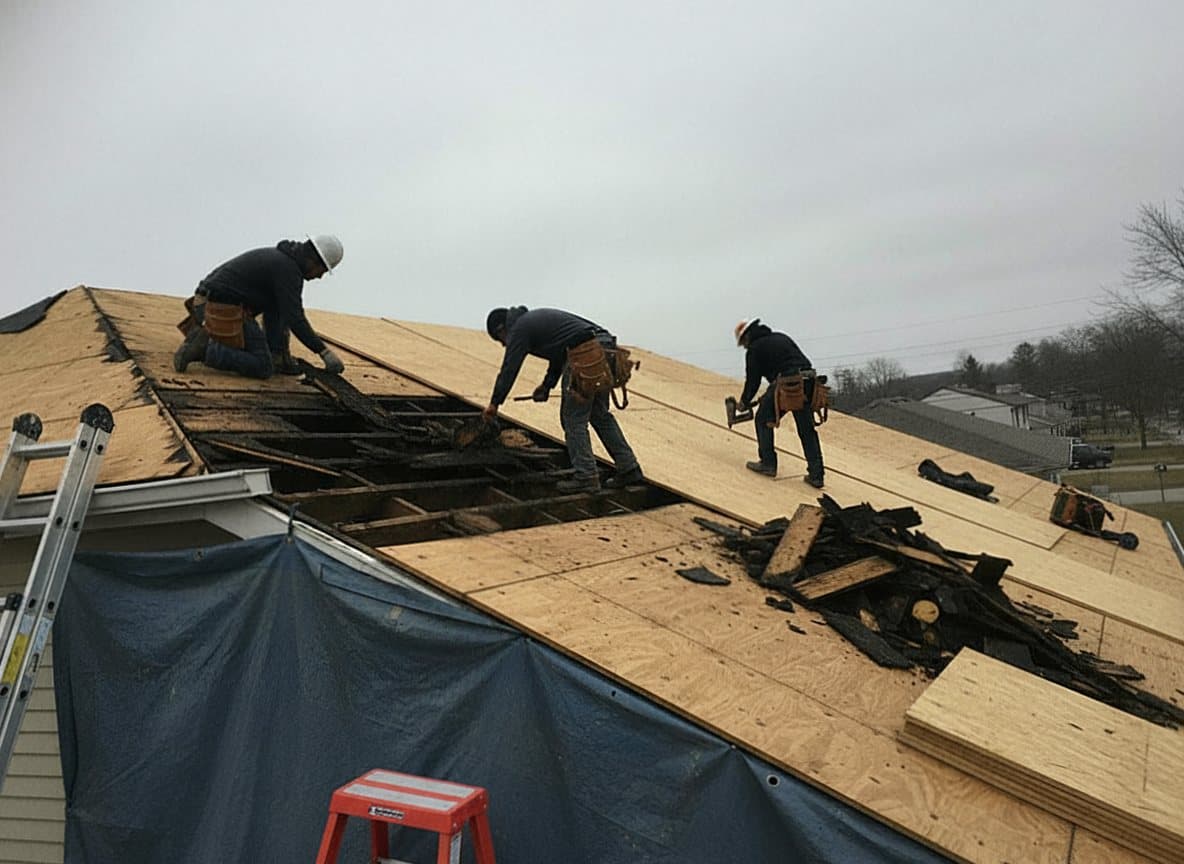Crew replacing rotted roof decking on a Dearborn home