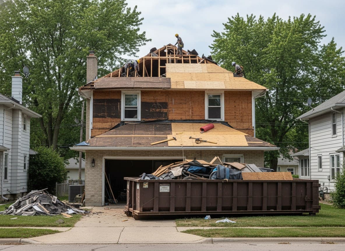 Roof torn down to plywood decking on Dearborn home