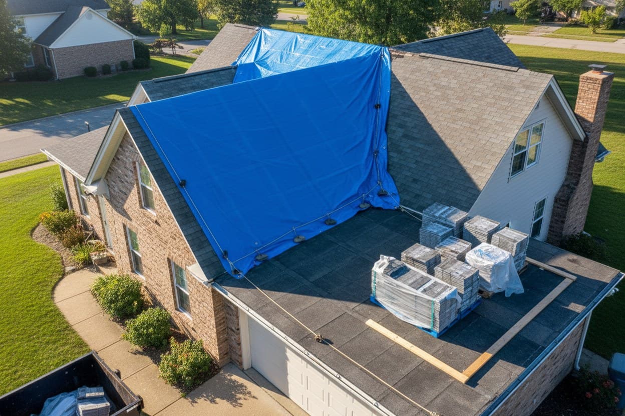 Storm damaged roof stabilized with a tarp in Dearborn