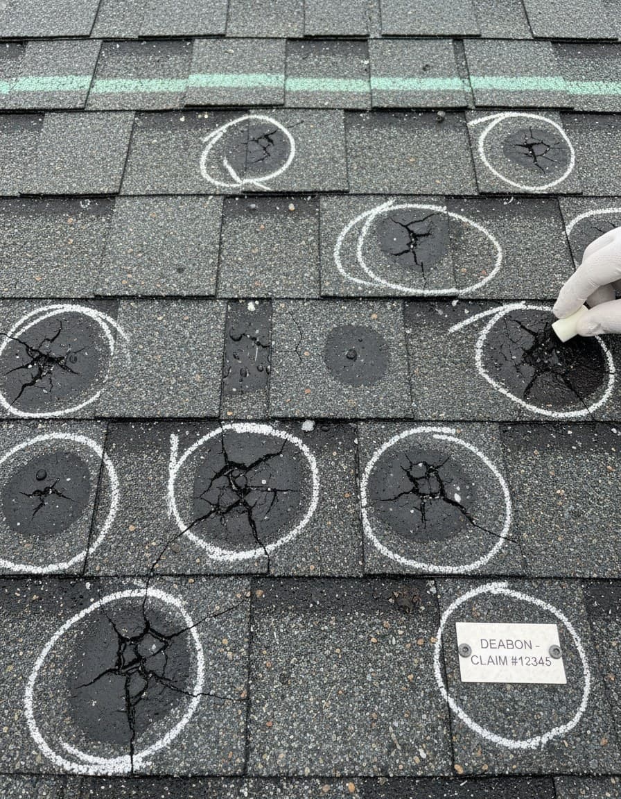Hail damaged shingles marked for an adjuster in Dearborn