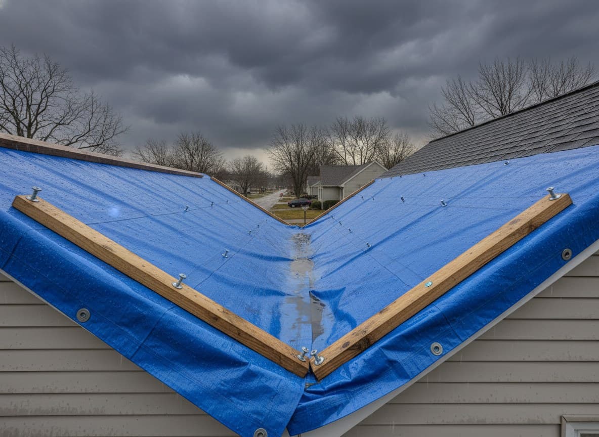 Emergency tarp fastened over a damaged Dearborn roof valley