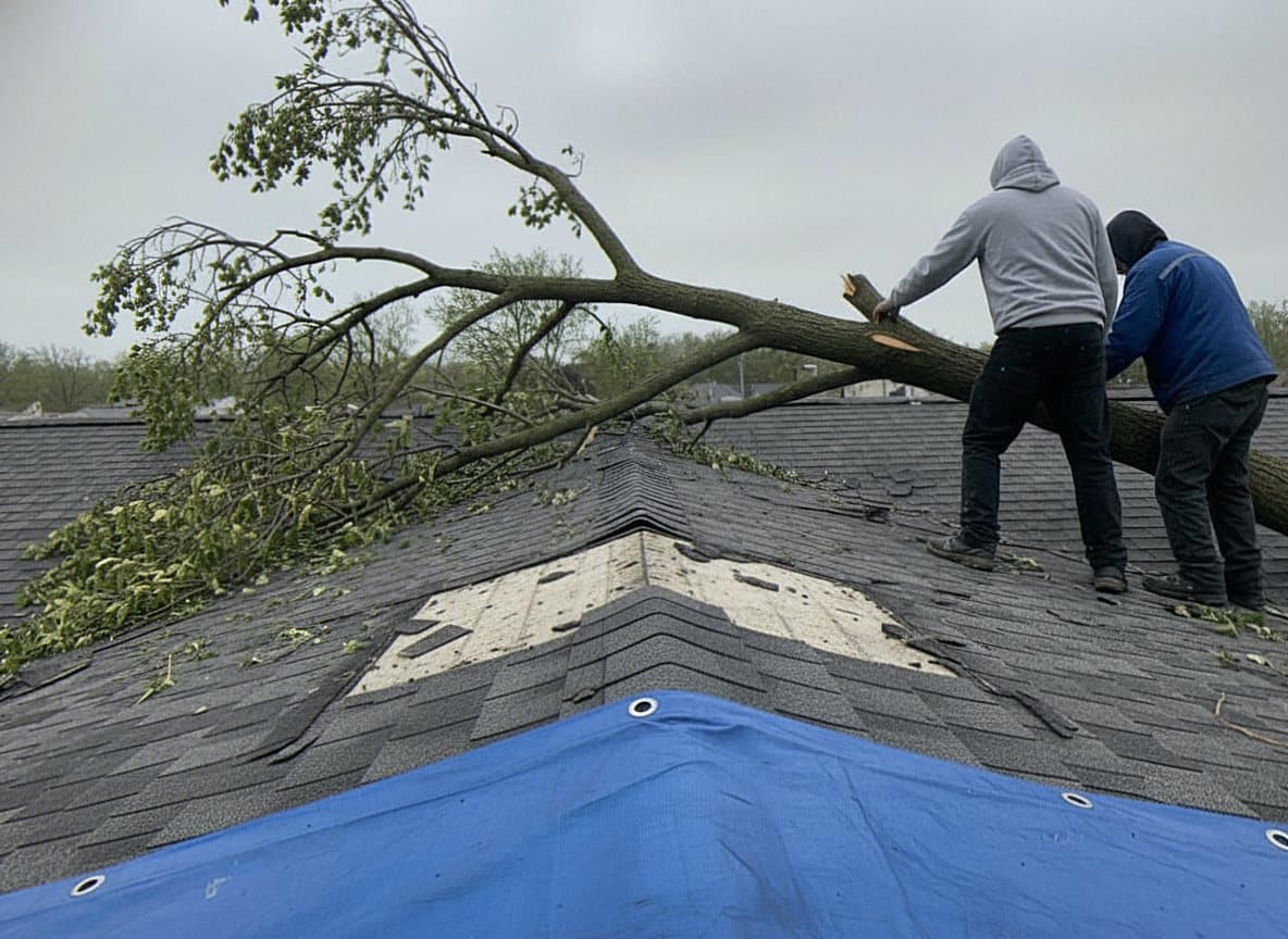 Wind torn roof shingles after a Dearborn storm